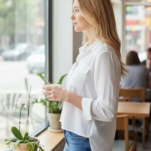 a.n.a A New Approach Women XL White Button Down Roll Tap Sleeve Lightweight Top